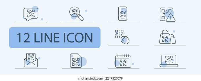 QR code icon set. Access, online payment, phone, laptop. login, bank, key, camera, phone, ID. QR code concept. Pastel color background. Vector 12 line icon for business