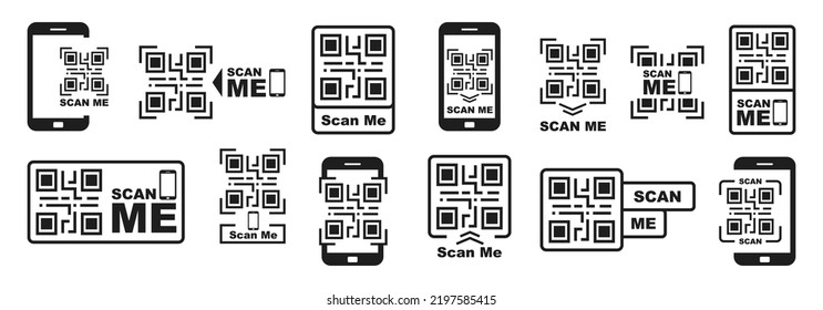 QR code icon set. Scan me vector templates. Smartphone scanning QR code. QR code frame for mobile app, buy, information and pay phone. Scan labels. Vector illustration.