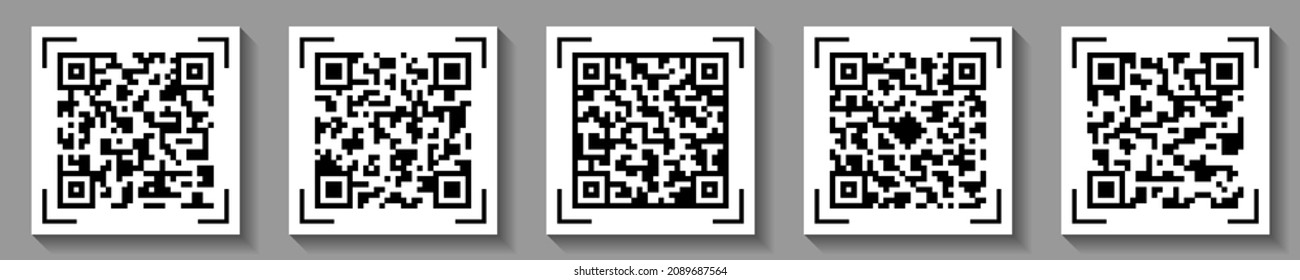 QR code icons, barcodes square pictograms, product label for mobile phone scanner, set of isolated signs, black on white. vector illustration. 