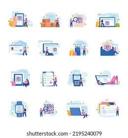 QR code icons flat set with people scanning qr code using gadgets for payment or identity verification isolated vector illustration