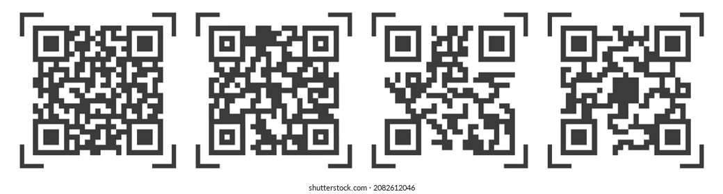 Iconos de código Qr. Marca de etiqueta del producto para el análisis. Pegatinas cuadradas de código qrcode aisladas, negro sobre fondo blanco, líneas aleatorias . Ilustración del vector