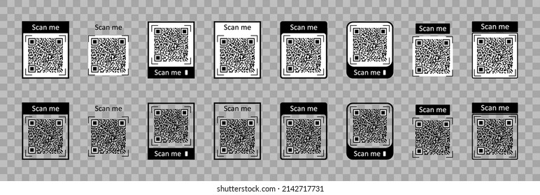 QR code icons. QR code for scan with mobile. Outline icons barcode for phone scanner. Digital bar of logo with scan to me. Black qrcode for pay on white background. Coupon for discount. Vector.