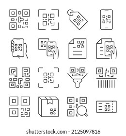 QR code icons set. Identifier that points to a website or application. Line with editable stroke