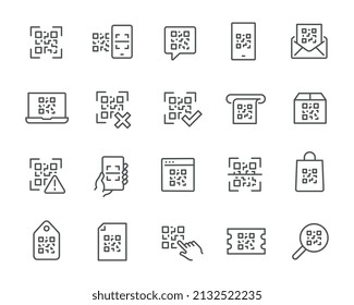 Juego de iconos de código QR. Escaneo, Escaneo telefónico, Caja, Sitio web, Documento con código QR y otros. 