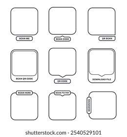 QR code icons set, text with scan me button isolated on white background. Vector flat illustration