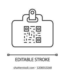 QR code identification card linear icon. Name badge with matrix barcode. Thin line illustration. ID card with 2D code. Two dimensional barcode data. Vector isolated outline drawing. Editable stroke