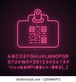 QR code identification card neon light icon. Name badge with matrix barcode. ID card with 2D code. Two dimensional barcode data. Glowing sign with alphabet, numbers. Vector isolated illustration