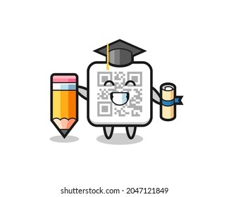 qr code illustration cartoon is graduation with a giant pencil , cute design