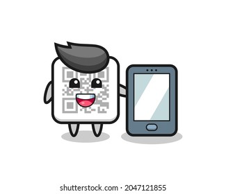 qr code illustration cartoon holding a smartphone , cute design