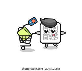 qr code illustration cartoon with a shopping cart , cute design