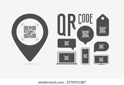 QR code illustration vector set. QR code on map pin icon, various chat bubbles, and icons of smartphone, laptop, and TV screen. Ideal for website design and qr app development