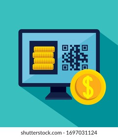 qr code inside computer and coins design of technology scan information business price communication barcode digital and data theme Vector illustration