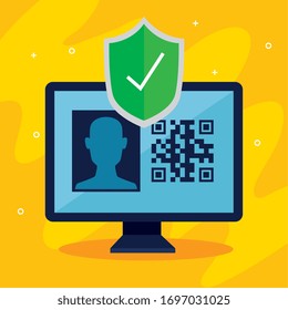 qr code inside computer and shield design of technology scan information business price communication barcode digital and data theme Vector illustration