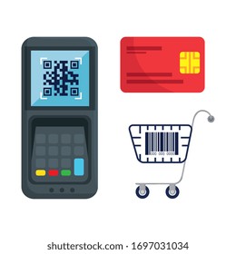 qr code inside dataphone credit card and cart design of technology scan information business price communication barcode digital and data theme Vector illustration