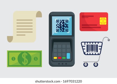 qr code inside dataphone credit card cart receipt paper and bill design of technology scan information business price communication barcode digital and data theme Vector illustration