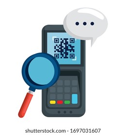 qr code inside dataphone lupe and bubble design of technology scan information business price communication barcode digital and data theme Vector illustration