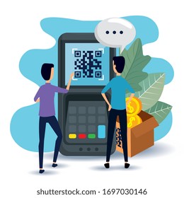 qr code inside dataphone men and bubble design of technology scan information business price communication barcode digital and data theme Vector illustration