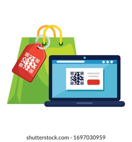 qr code inside laptop and bag design of technology scan information business price communication barcode digital and data theme Vector illustration