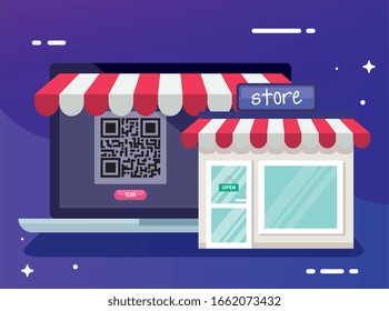 Qr Code Inside Laptop And Store Design Of Technology Scan Information Business Price Communication Barcode Digital And Data Theme Vector Illustration