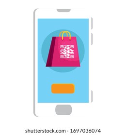 qr code inside smartphone and bag design of technology scan information business price communication barcode digital and data theme Vector illustration
