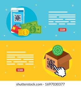 qr code inside smartphone and box design of technology scan information business price communication barcode digital and data theme Vector illustration