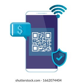 qr code inside smartphone design of technology scan information business price communication barcode digital and data theme Vector illustration