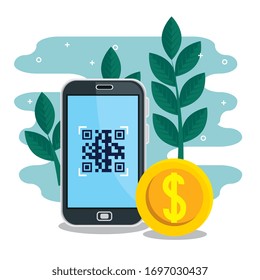 qr code inside smartphone leaves and coin design of technology scan information business price communication barcode digital and data theme Vector illustration