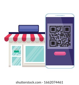qr code inside smartphone and store design of technology scan information business price communication barcode digital and data theme Vector illustration