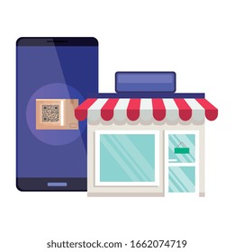 qr code inside smartphone and store design of technology scan information business price communication barcode digital and data theme Vector illustration