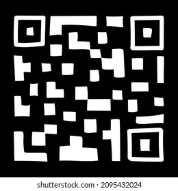 QR - Code isolated on black background. Universal Product Scan Code in doodle style. Vector icon design element hand drawn.