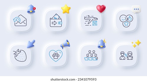 Qr code, Like and Pets care line icons. Buttons with 3d bell, chat speech, cursor. Pack of Teamwork, Strawberry, People communication icon. Send mail, Wallet pictogram. For web app, printing. Vector