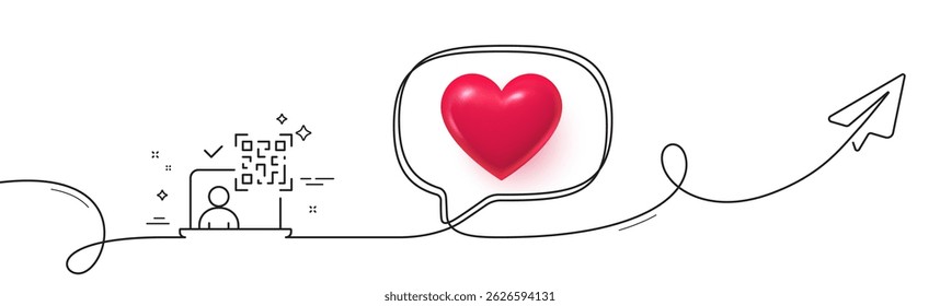 Qr code line icon. Continuous line with share plane. Scan barcode sign. Online identification symbol. 3d heart in speech bubble. Qr code single line ribbon. Loop curve pattern. Vector