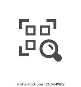 Código Qr e icono negro de la lupa. Símbolo vectorial rellenado con información de búsqueda.