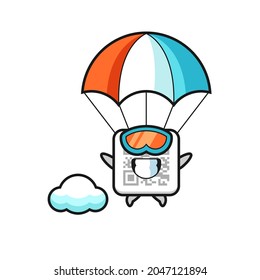 qr code mascot cartoon is skydiving with happy gesture , cute design