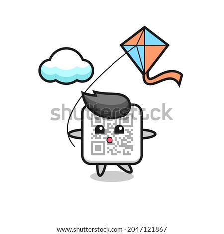 qr code mascot illustration is playing kite , cute design