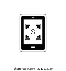 QR code mobile payment icon in black flat glyph, filled style isolated on white background