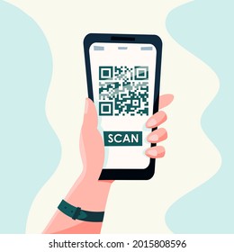 QR code mobile phone scan on screen. in hand on white background. Flat Style