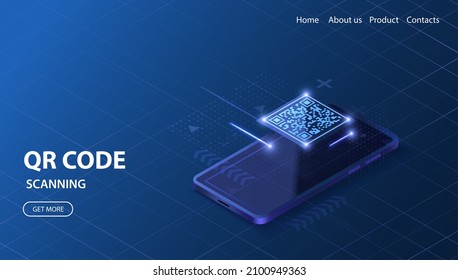 página de inicio de verificación móvil con código QR. Escanear el diseño del concepto del teléfono. Ilustración vectorial de tecnología.