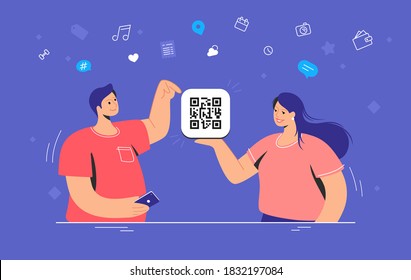 QR code multipurpose usage. Flat vector illustration of smiling woman holding holding a card with qr-code and man pointing it for quick payment, shopping, planning and billing online