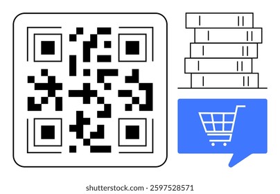 QR code next to stack of five books and blue speech bubble with shopping cart icon. Ideal for online shopping, e-commerce, digital libraries, bookstore apps, educational tools, QR marketing. Line