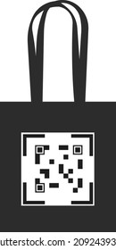 QR code on the bag with handles. Purchases by QR code. Vector image isolated on a white background.