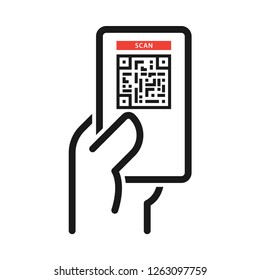QR code on card with hand. Simple line icon. Isolate on white background.