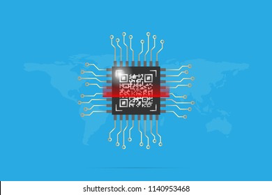 qr code on chip processor with world map, technology and business concept01