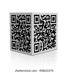 QR code on cube isolated on white background with reflection effect