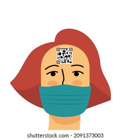 QR code on female forehead Illustration. Isolated on white background