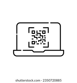 Qr code on laptop. Scan to access information. Pixel perfect, editable stroke