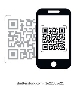 QR Code On Mobile Or Cell Phone. QR Code Vector Illustration. Symbolic Barcode Icon. Big Informational Qr Code For Digital Scanners