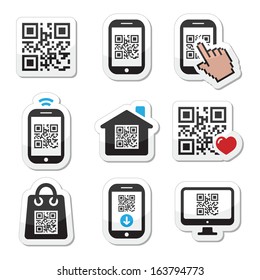 QR code on mobile or cell phone icons set 