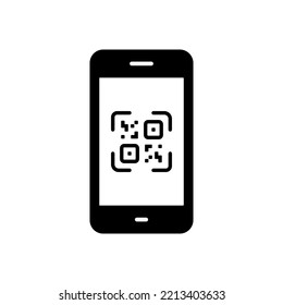 QR Code on Mobile Phone Silhouette Icon. Square QRcode App Scanner Smartphone Glyph Pictogram on White Background. Scan for Barcode Payment Application on Device Symbol. Isolated Vector Illustration.