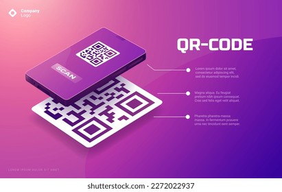 QR code on phone. Scan me coding for mobile app payment, isometric smartphone mock up with identification barcode scanning concept. Vector banner of scan qr digital, mobile scanning illustration